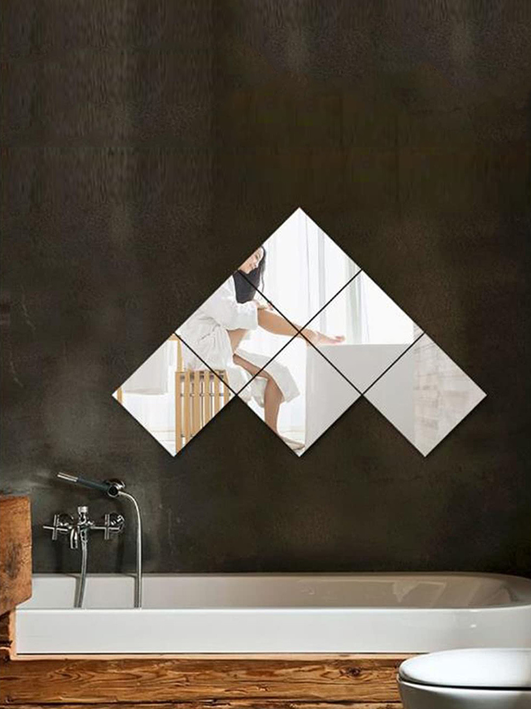 WallDaddy Silver Toned 6 Pieces Self-Adhesive Design Square Mirror Wall Stickers