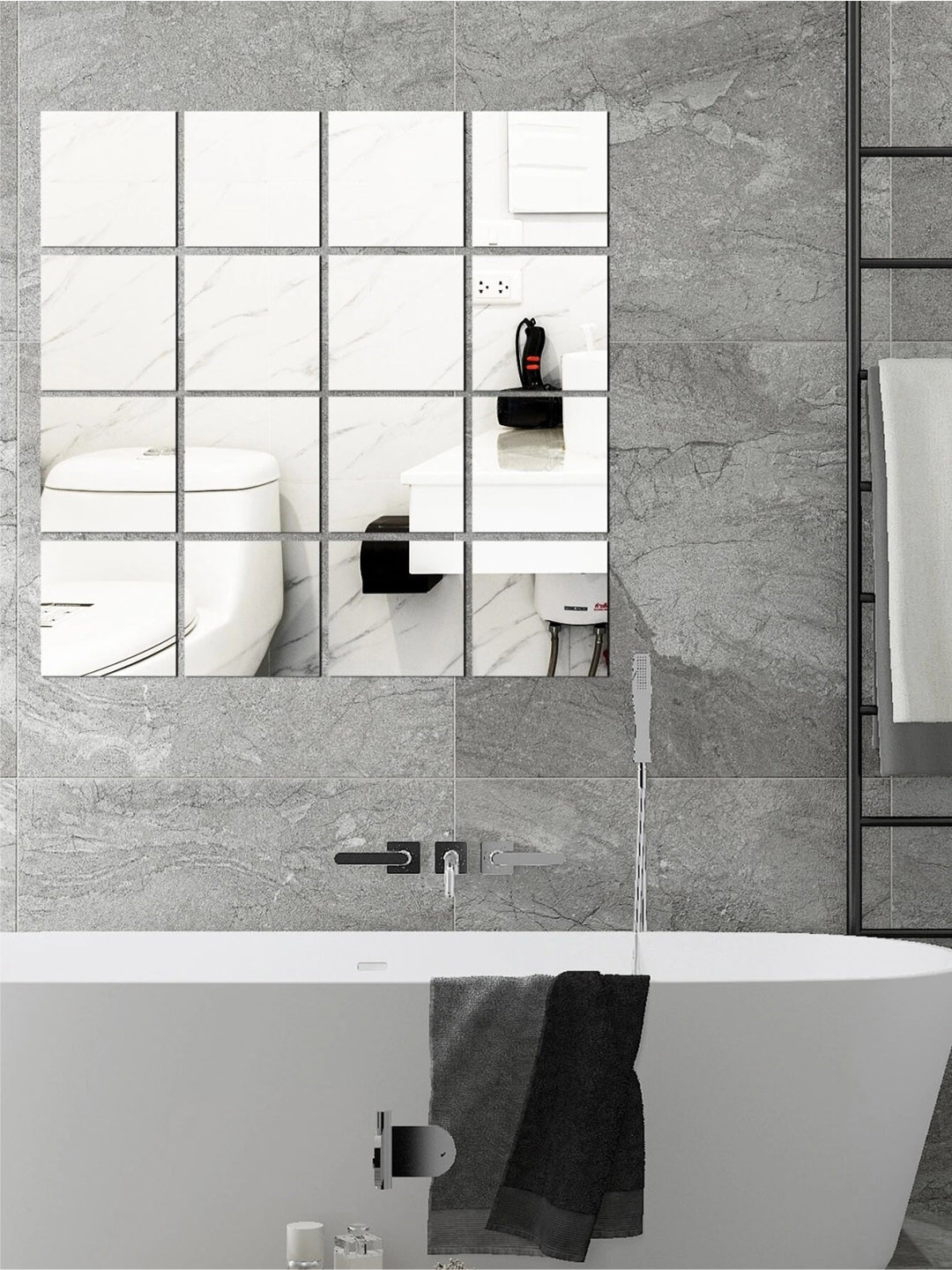 WallDaddy Silver Toned 16 Pieces Square Mirror Wall Stickers