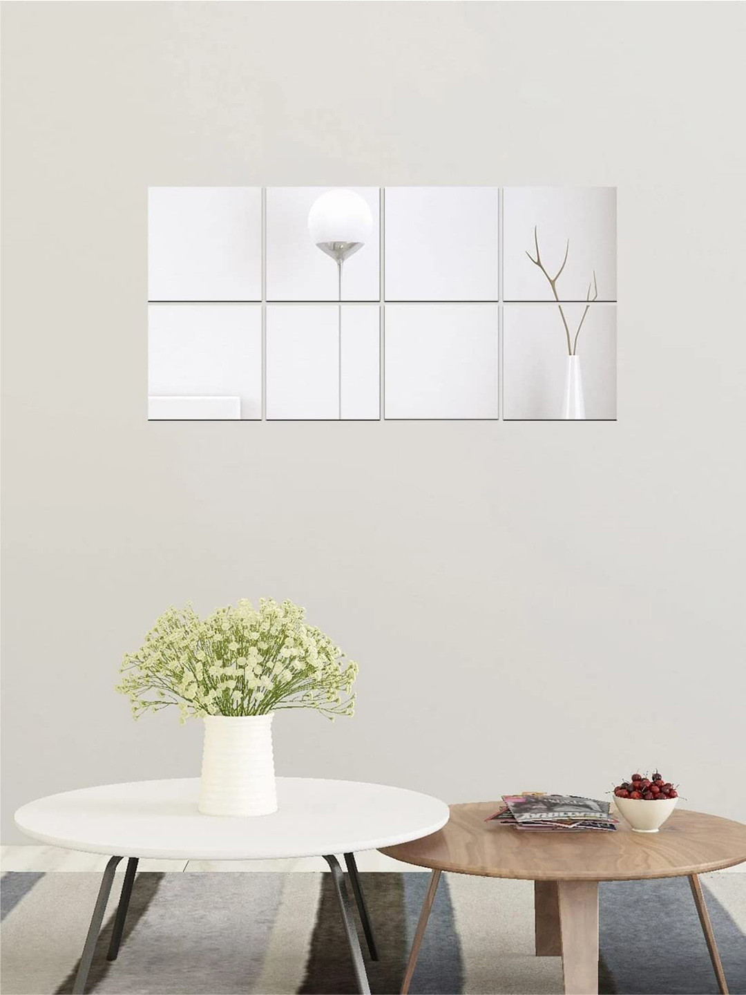 WallDaddy 8 Pcs Silver-Toned Square Mirror Wall Stickers