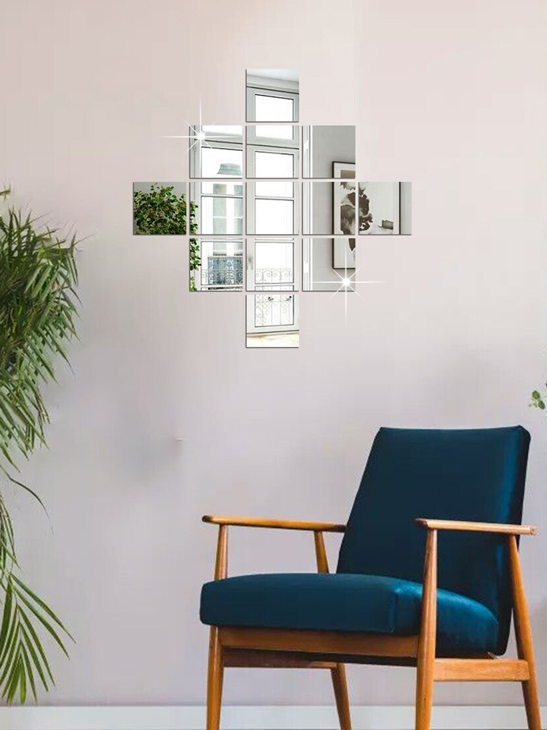 WallDaddy Silver Toned 13 Pieces Square Mirror Stickers