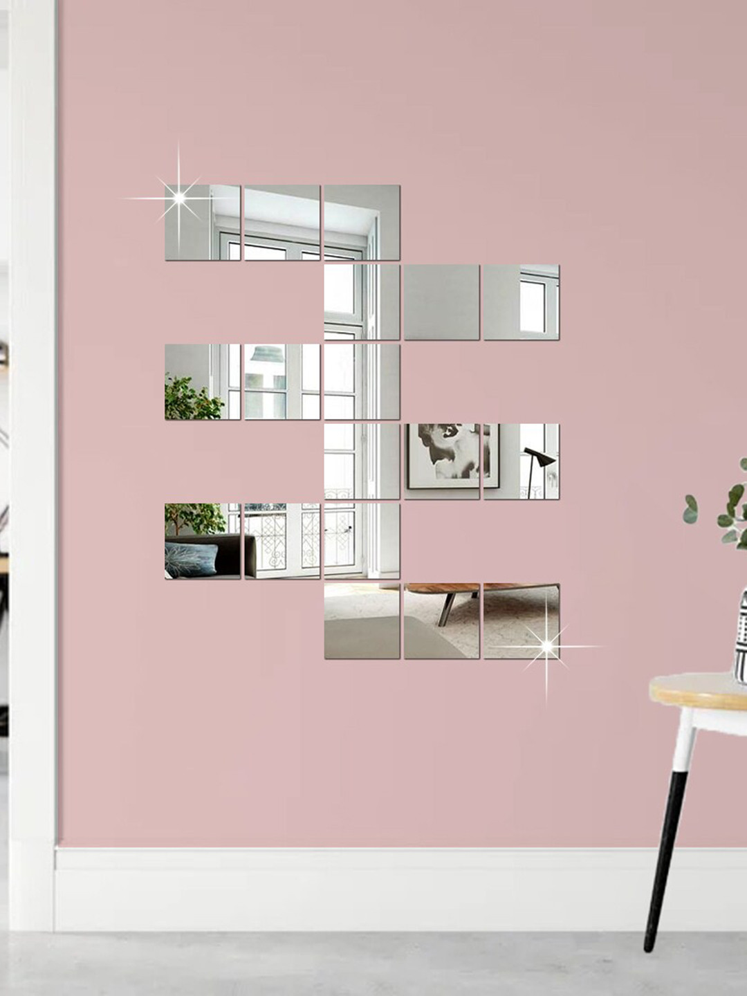 WallDaddy Silver Toned 18 Pcs Silver Toned Square Mirror Wall Stickers