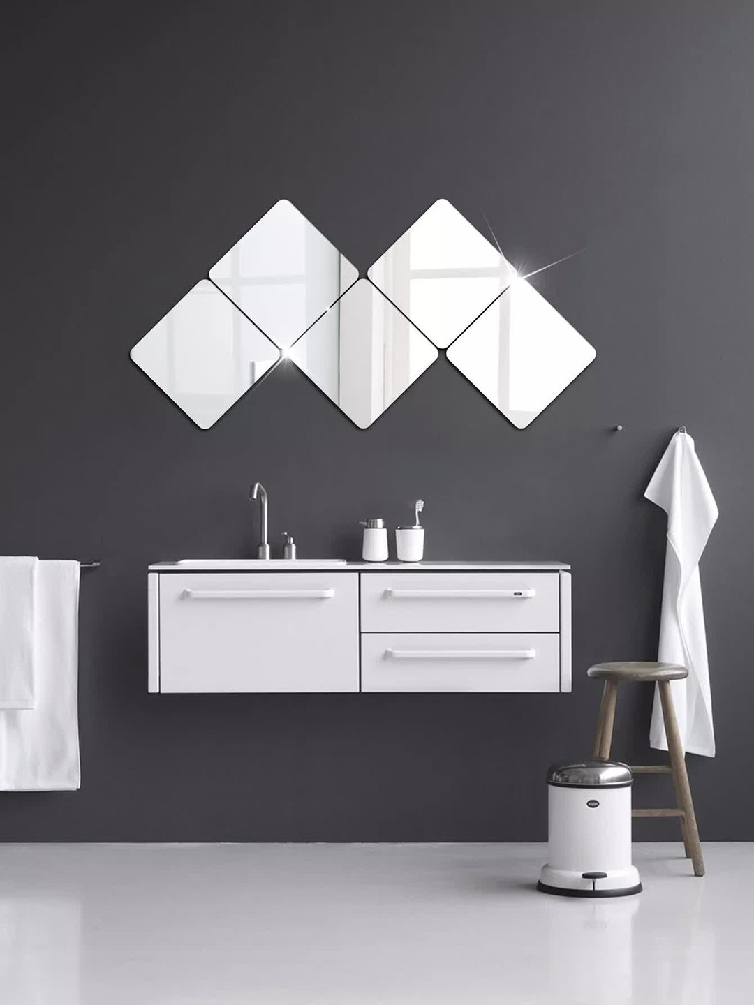 WallDaddy Silver Toned 5 Pieces Square Design Mirror Wall Stickers