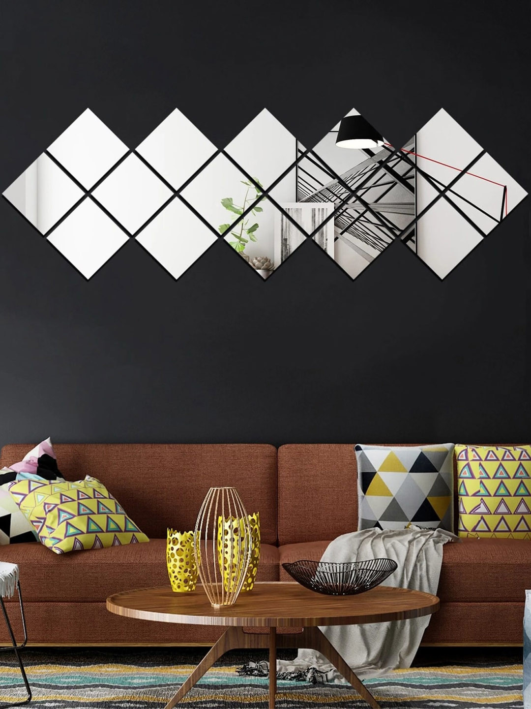 WallDaddy Silver Toned 16 Pieces Square Mirror Wall Stickers
