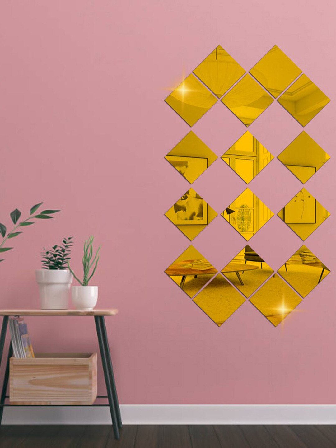 WallDaddy Yellow 16 Pieces Square Mirror Wall Stickers