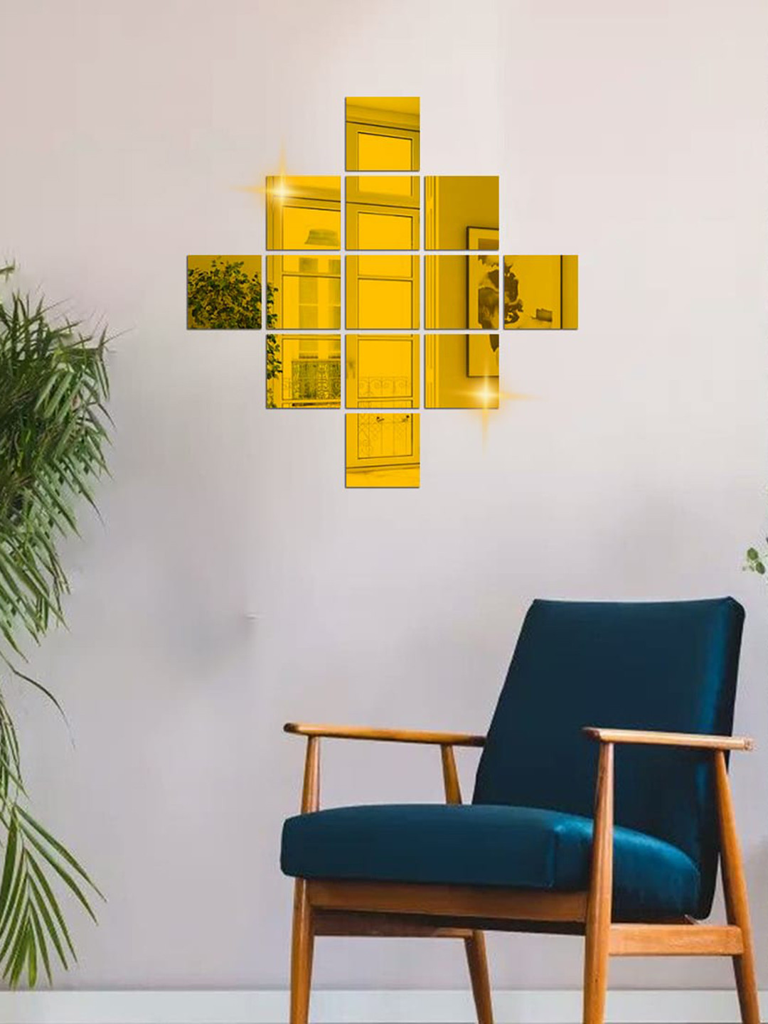 WallDaddy Yellow 13 Pieces Square Mirror Finish Wall Sticker