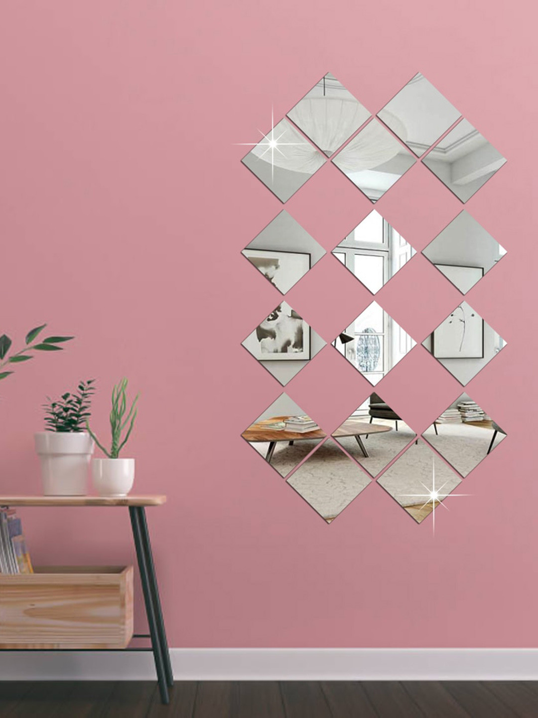 WallDaddy Silver Toned 16 Pieces Square Mirror Stickers For Wall
