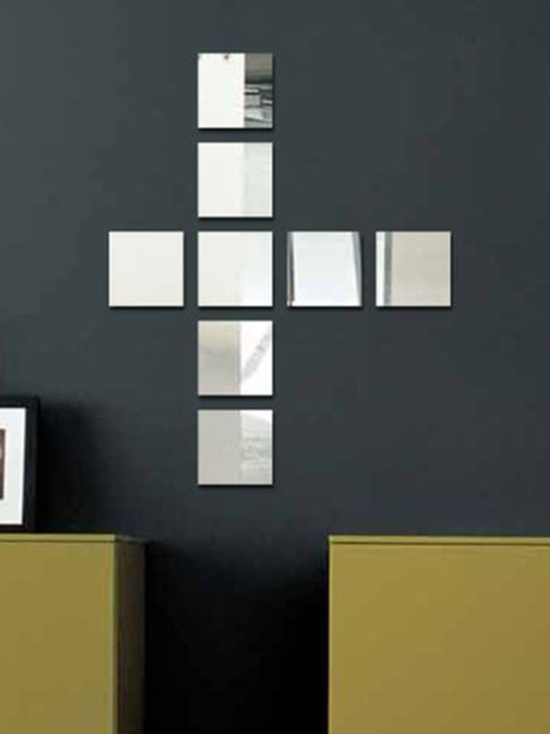 WallDaddy Silver Toned 8 Pieces Silver Self-Adhesive Square Design Mirror Wall Stickers