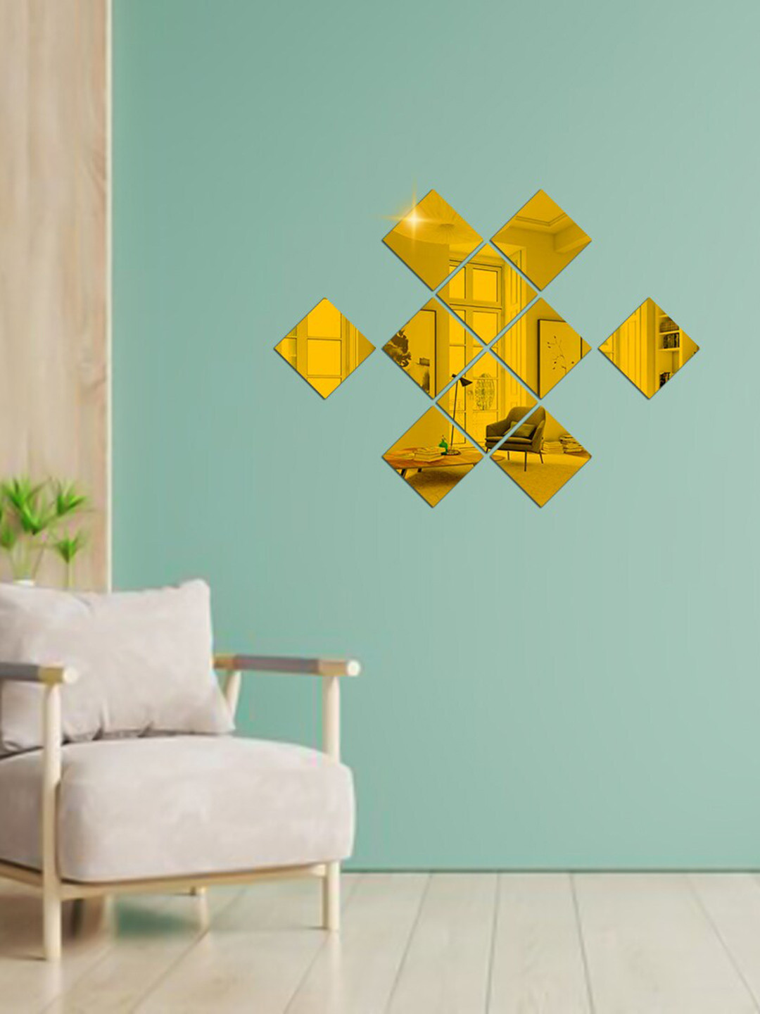 WallDaddyGold Toned 10 Pieces Acrylic Square Mirror Wall Stickers
