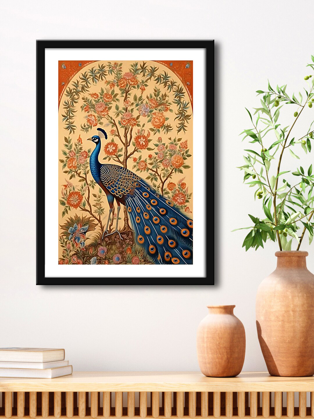999Store Beige & Blue Peacock Painting Framed Wall Art