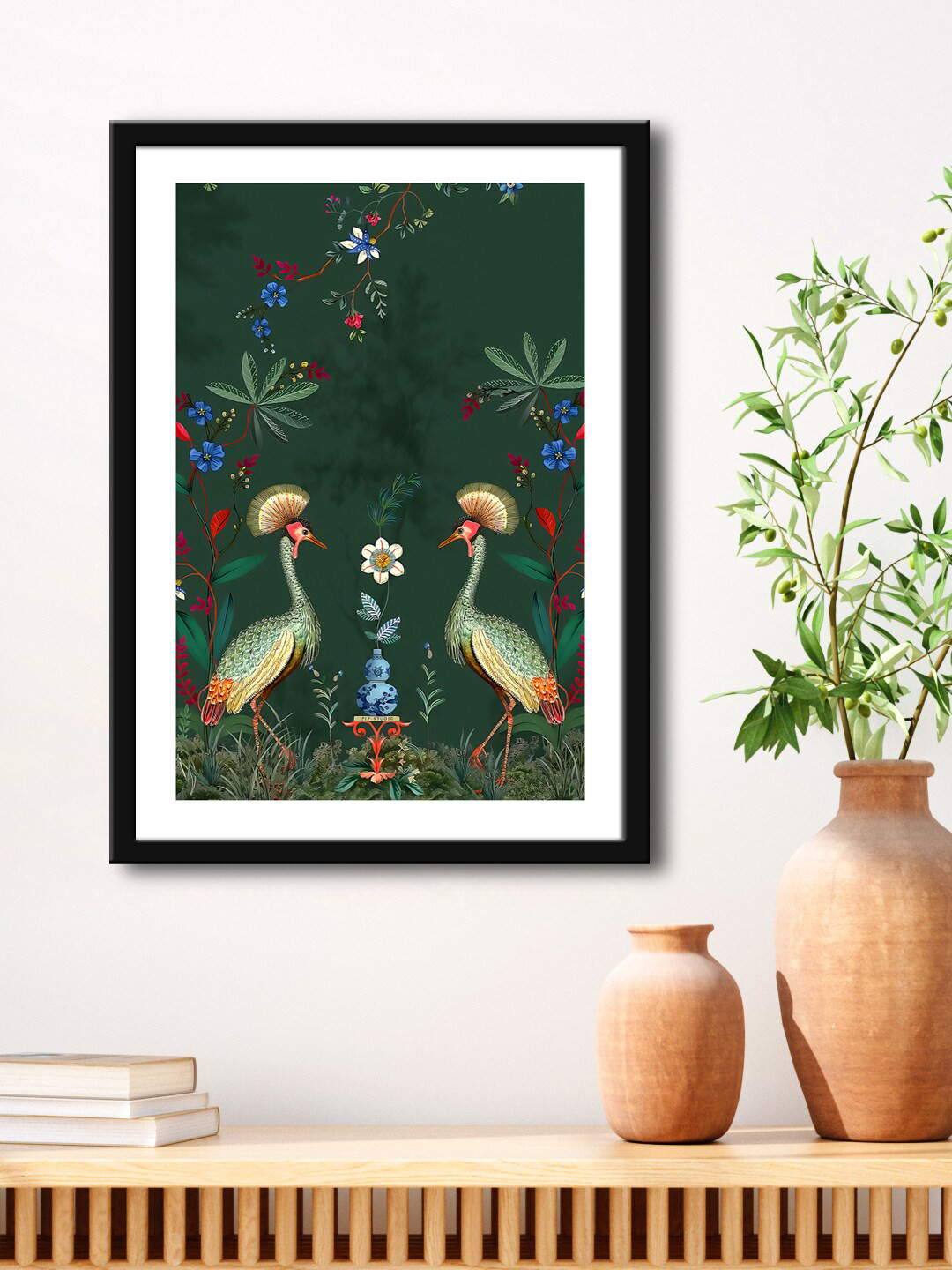 999Store Green & Black Flower With Leaf And Peacock Painting Framed Wall Art