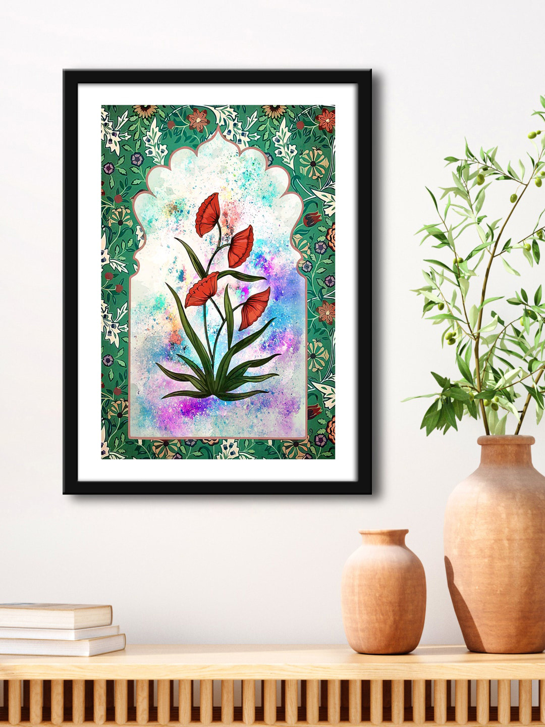 999Store Mughal Flower with Flower and Leaf MDF Rectangle Paintings Wall Art -23 x 15 In