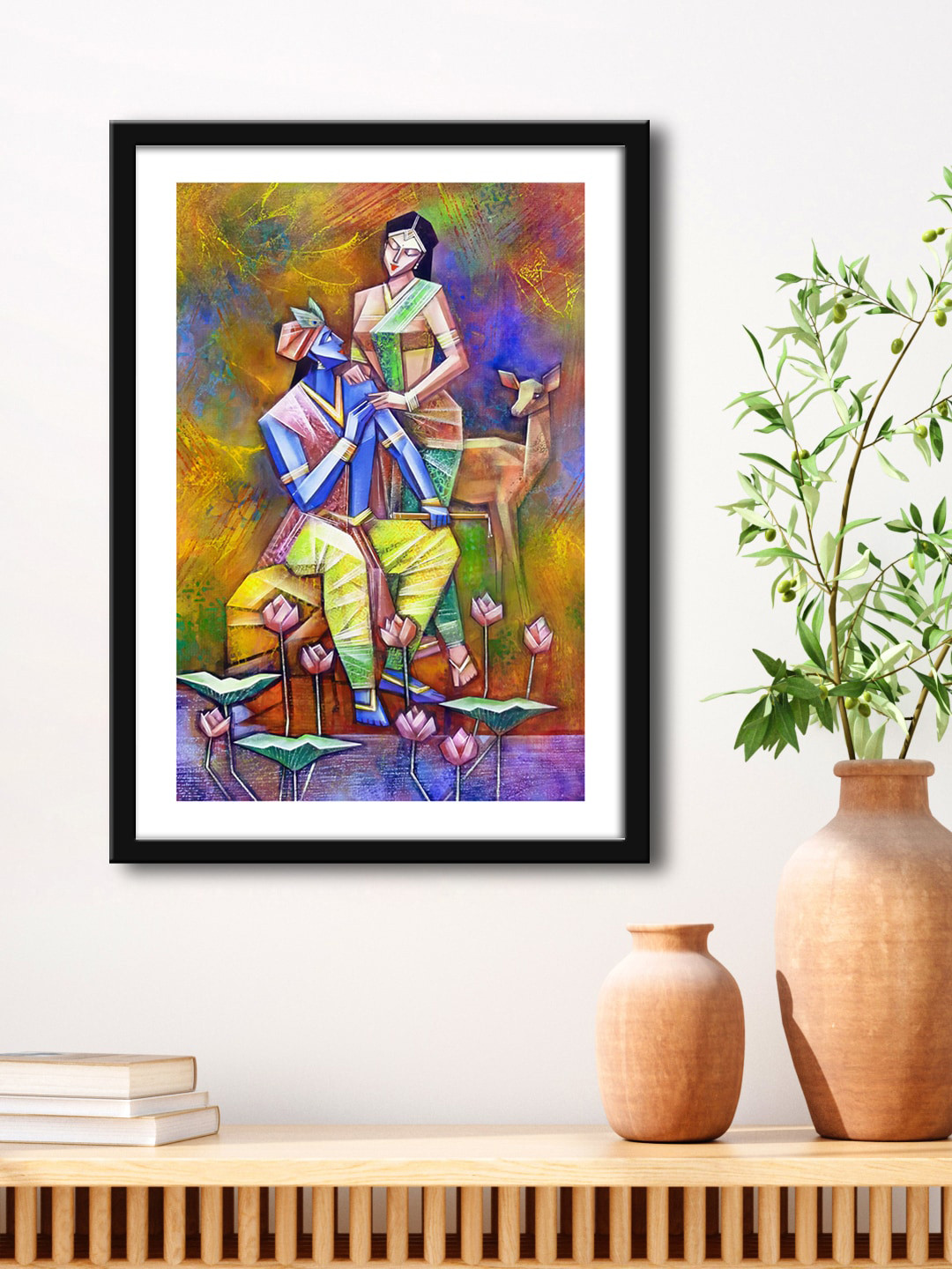 999Store Radha Krishna With Flower And Deer Canvas Rectangle Paintings Wall Art -23 x15 In