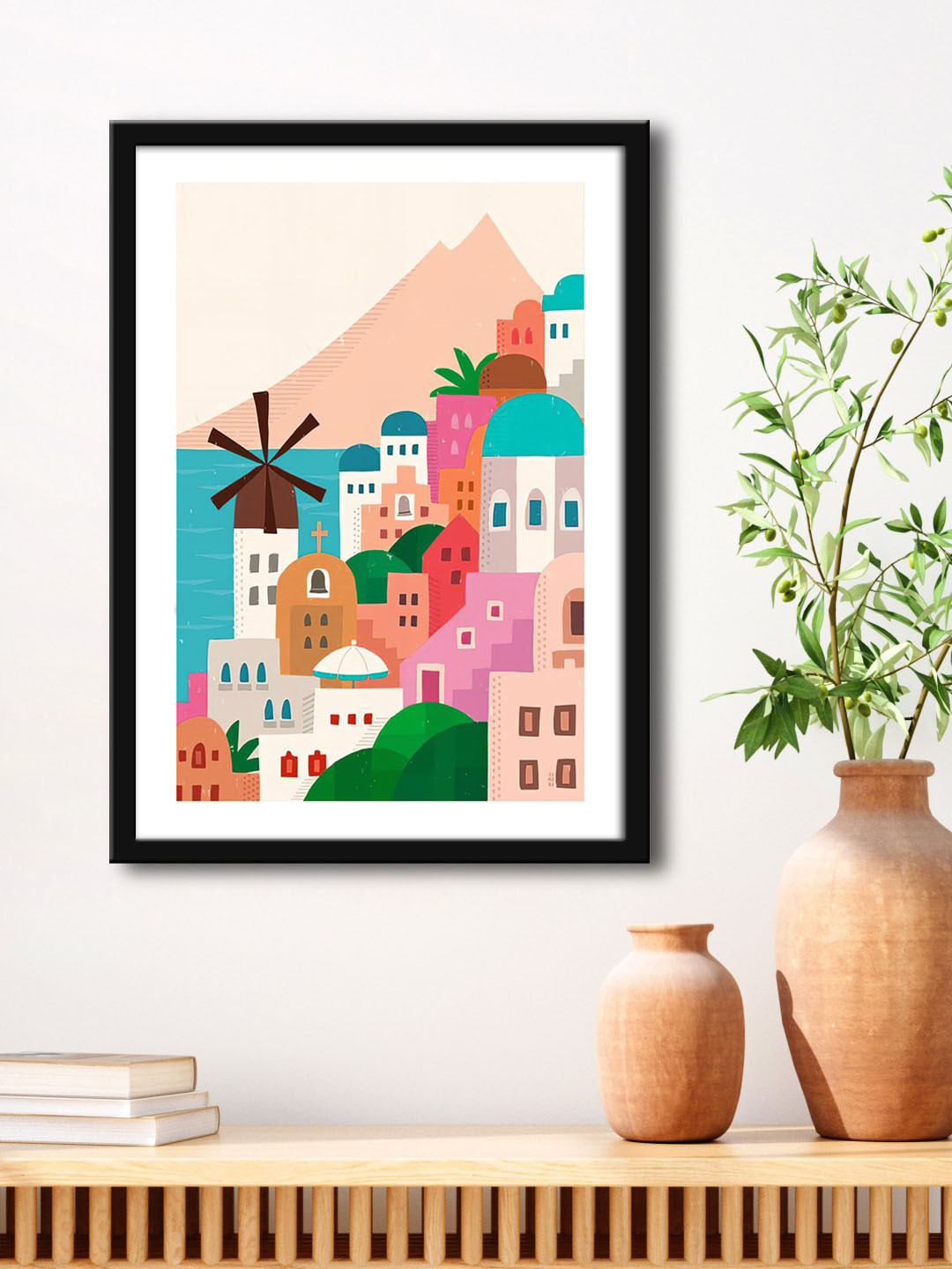 999Store Peach Colored & Black Lake Mountain With Building Modern Painting Framed Wall Art