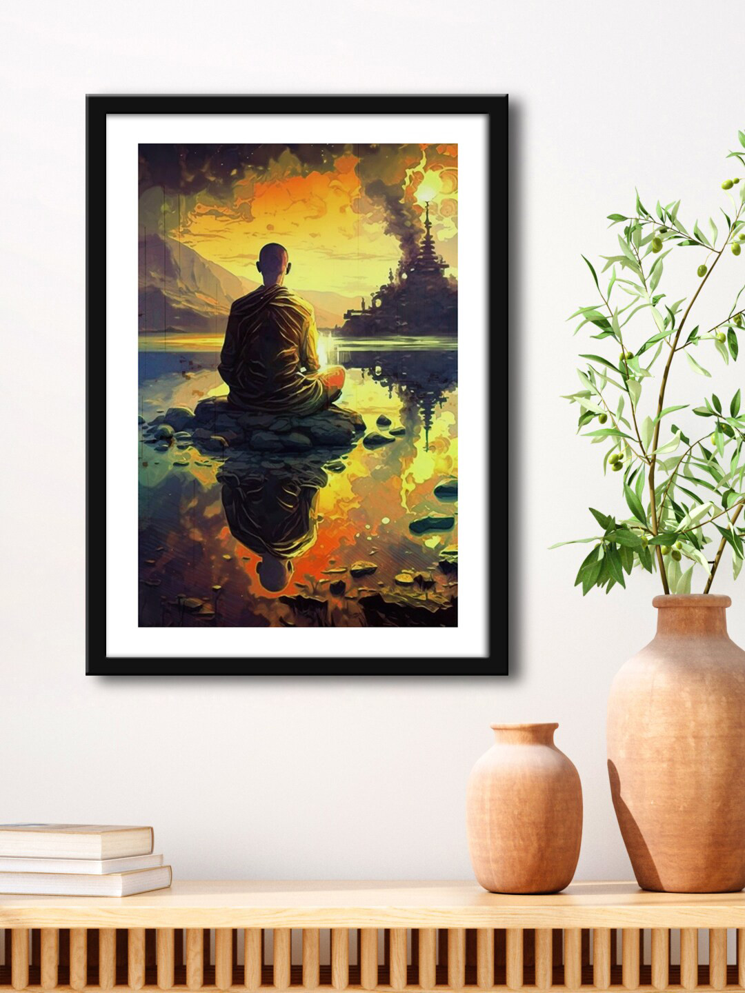 999Store Monk Meditating With Lake And Mountain MDF Rectangle Paintings Wall Art-15 x23 In