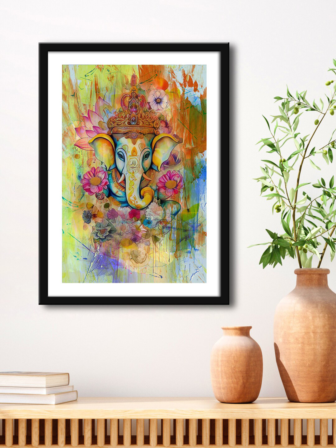 999Store Lord Ganesha With Pink Flower MDF Wall Rectangle Paintings Wall Art -15 x 23 In