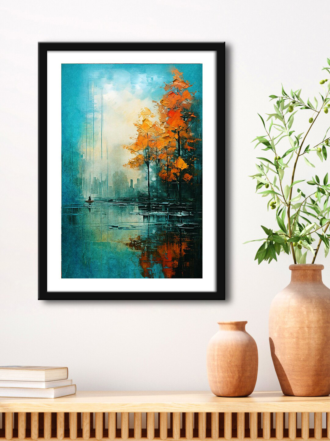999Store Blue Lake With Orange Tree And Boat In Lake Modern Painting Framed Wall Art