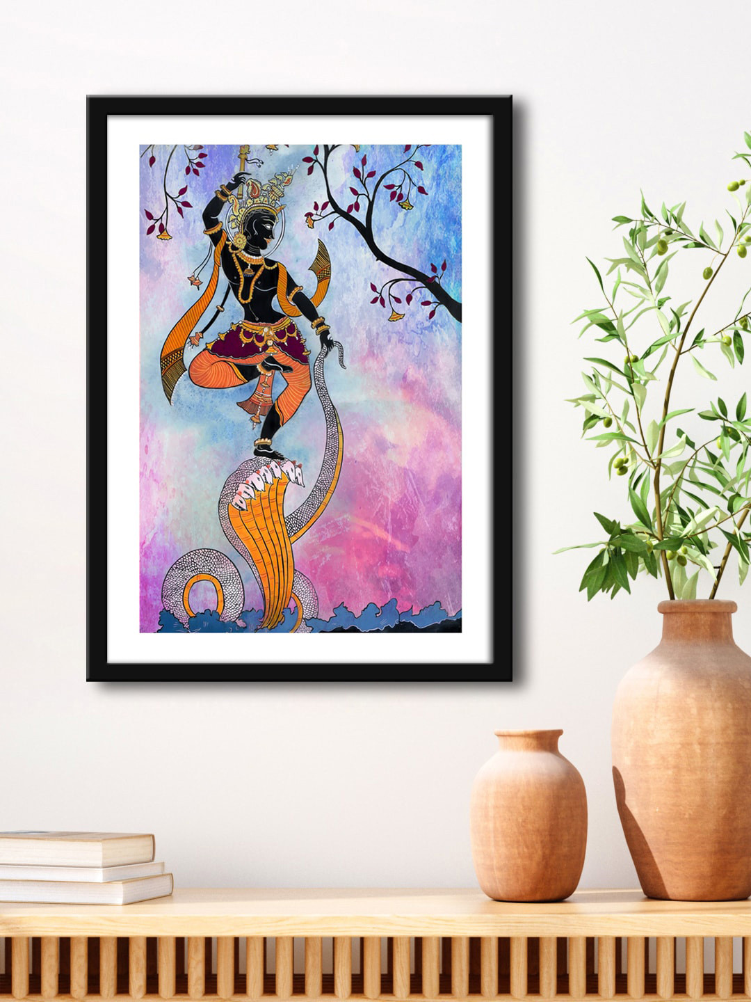 999Store Blue & Pink Lord Krishna Dancing With Tree And Snake Painting Framed Wall Art