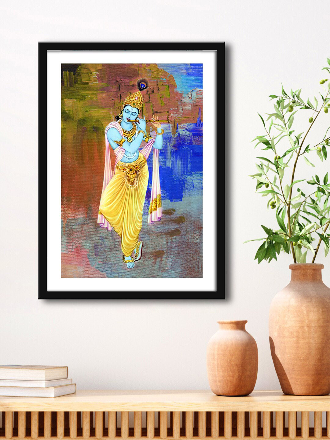 999Store Blue & Black Lord Krishna Playing Flute With Abstract Painting Framed Wall Art