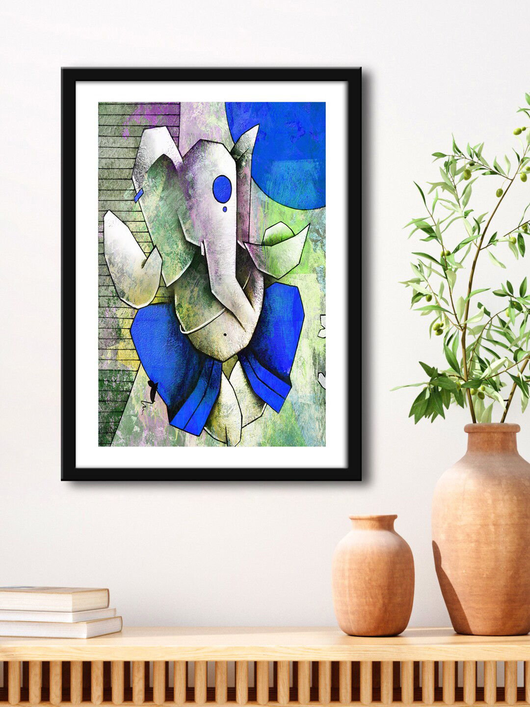 999Store Blue & Black Abstract Effect With Lord Ganesha Painting Framed Wall Art