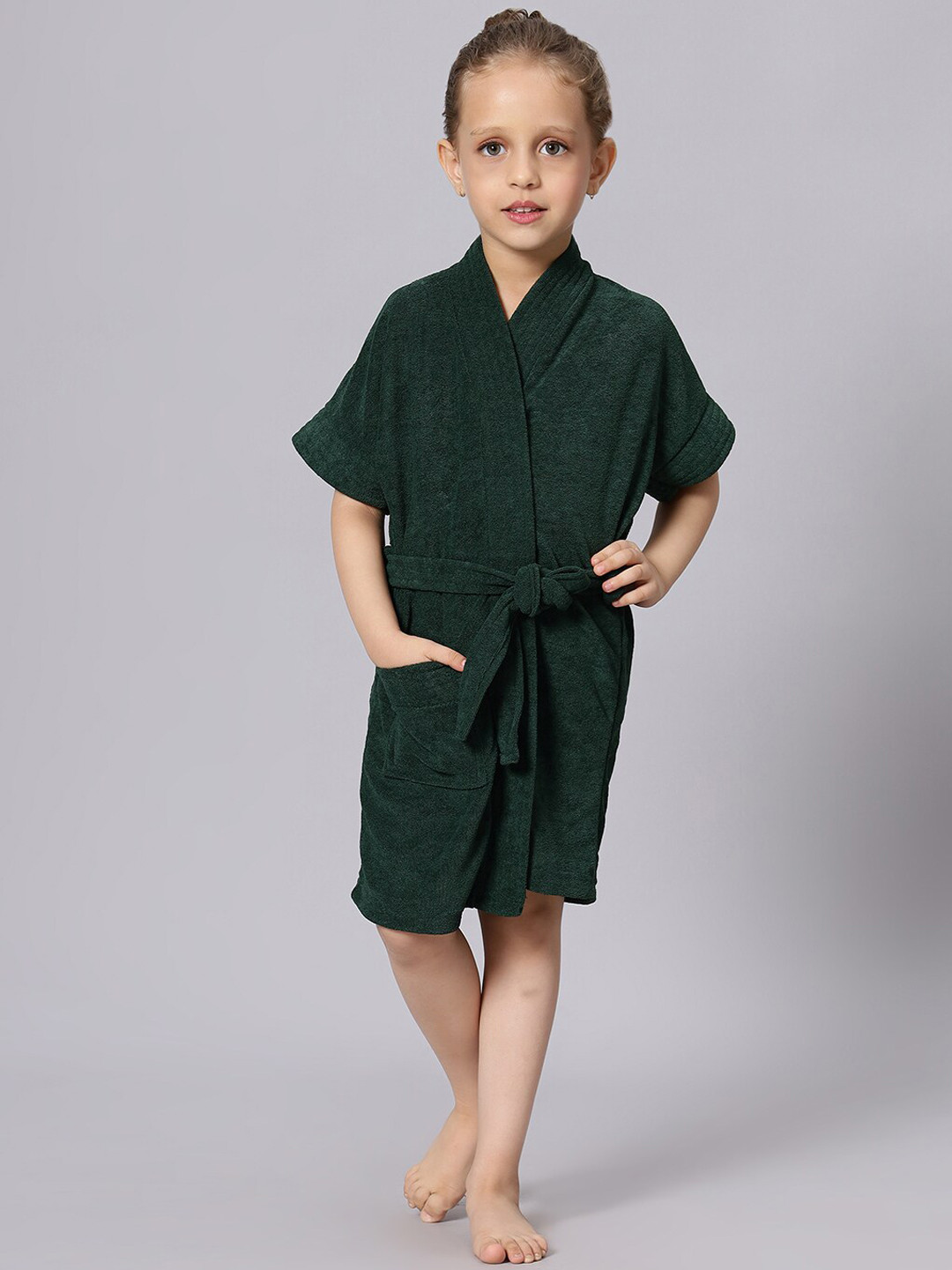 HotGown Green Solid Terrycloth Drawstring Knee Length Bath Robe-M