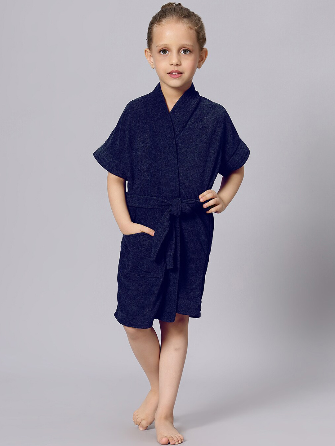 HotGown Navy Blue Solid Terrycloth Drawstring Knee Length Bath Robe-M