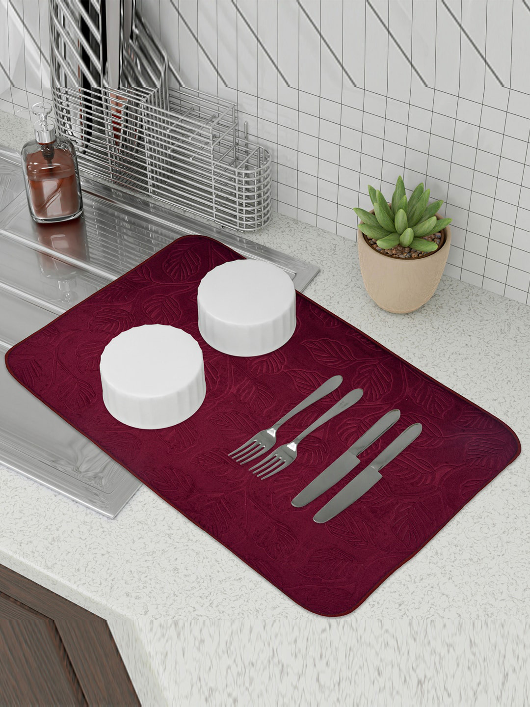 Kuber Industries Maroon 3 Pieces Microfiber Self Drying Dish Dry Mats