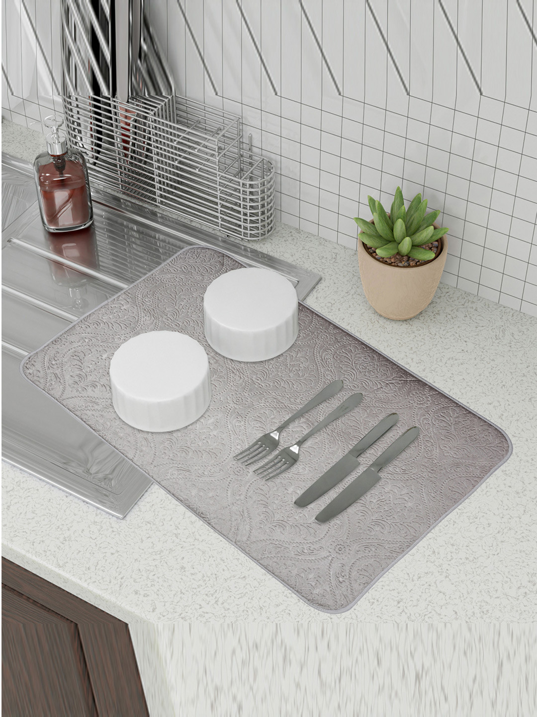 Kuber Industries 3 Pcs Grey & Beige Embossed Rectangle Dry Placemats