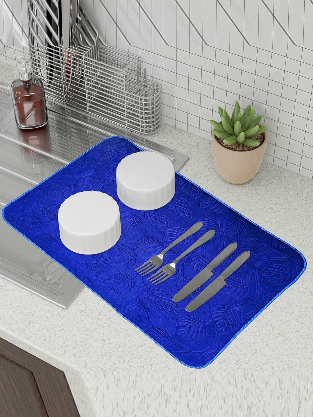 Kuber Industries Blue 2 Pieces Microfiber Self Drying Dish Dry Mats