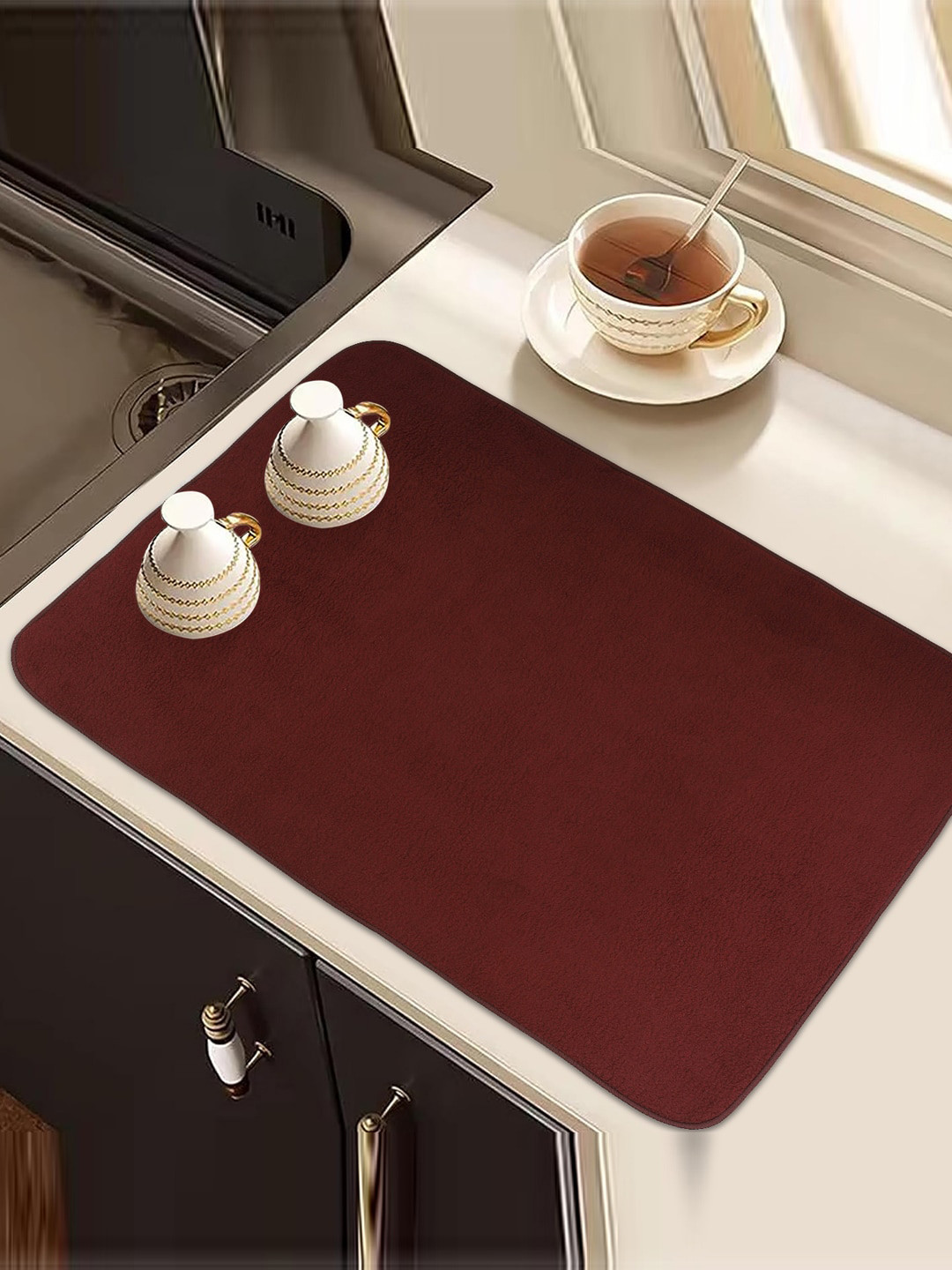 Kuber Industries 3 Pcs Brown & Red Rectangle Dish Drying Placemats