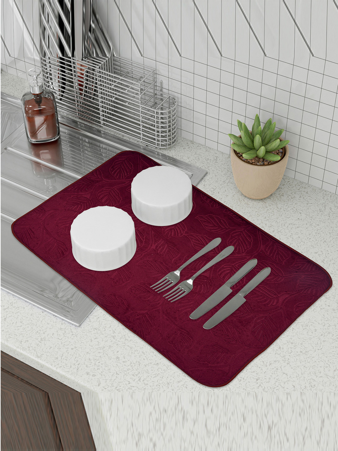 Kuber Industries Maroon & Blue 3 Pieces Self-Designed Rectangular Dish Dry Mat