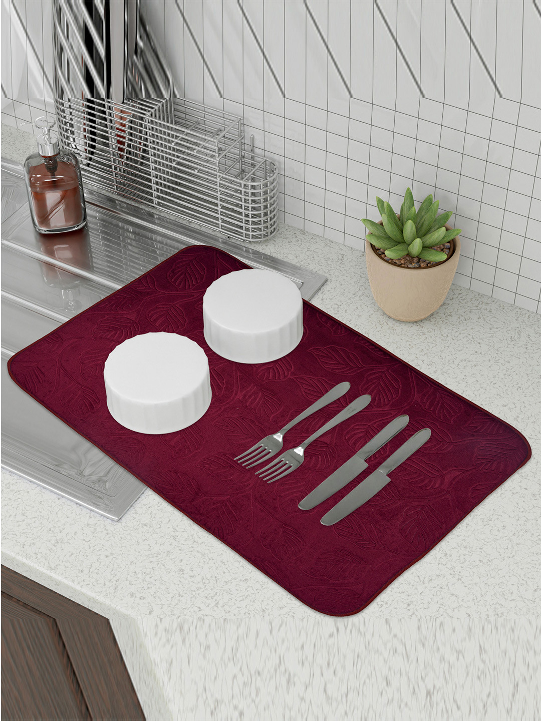 Kuber Industries 3 Pcs Maroon & Beige Embossed Rectangle Dish Drying Placemats