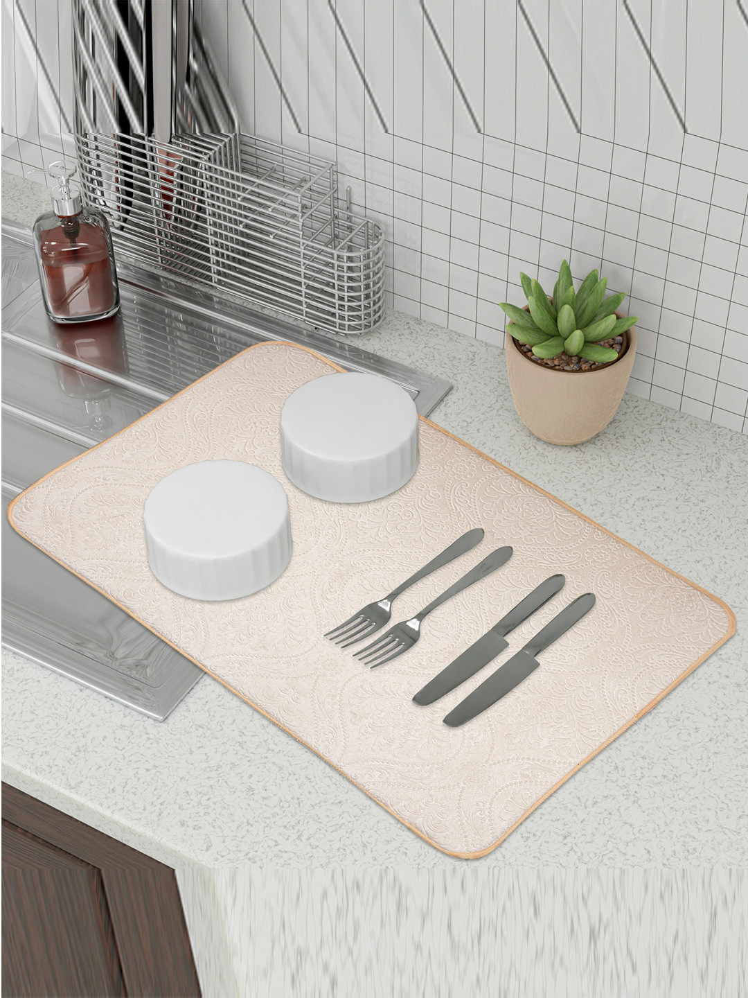 Kuber Industries Grey & Beige 3 Pieces Embossed Rectangular Dish Dry Mats