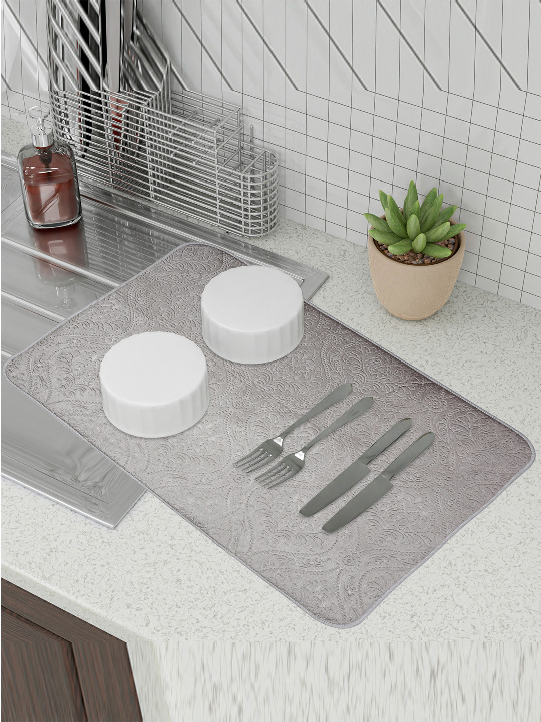 Kuber Industries Brown & Grey 3 Pieces Self-Designed Rectangular Dish Dry Mat