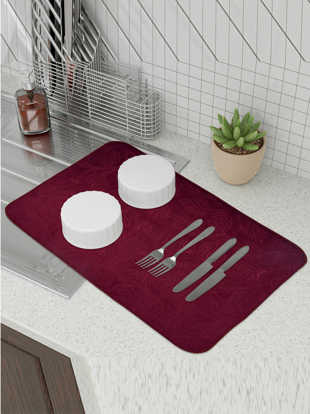 Kuber Industries Brown 3 Pieces Self Designed Rectangular Microfiber Dish Dry Mats