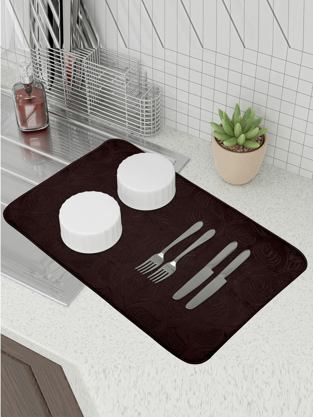 Kuber Industries Brown & Beige 2 Pieces Embossed Rectangular Dish Dry Mats