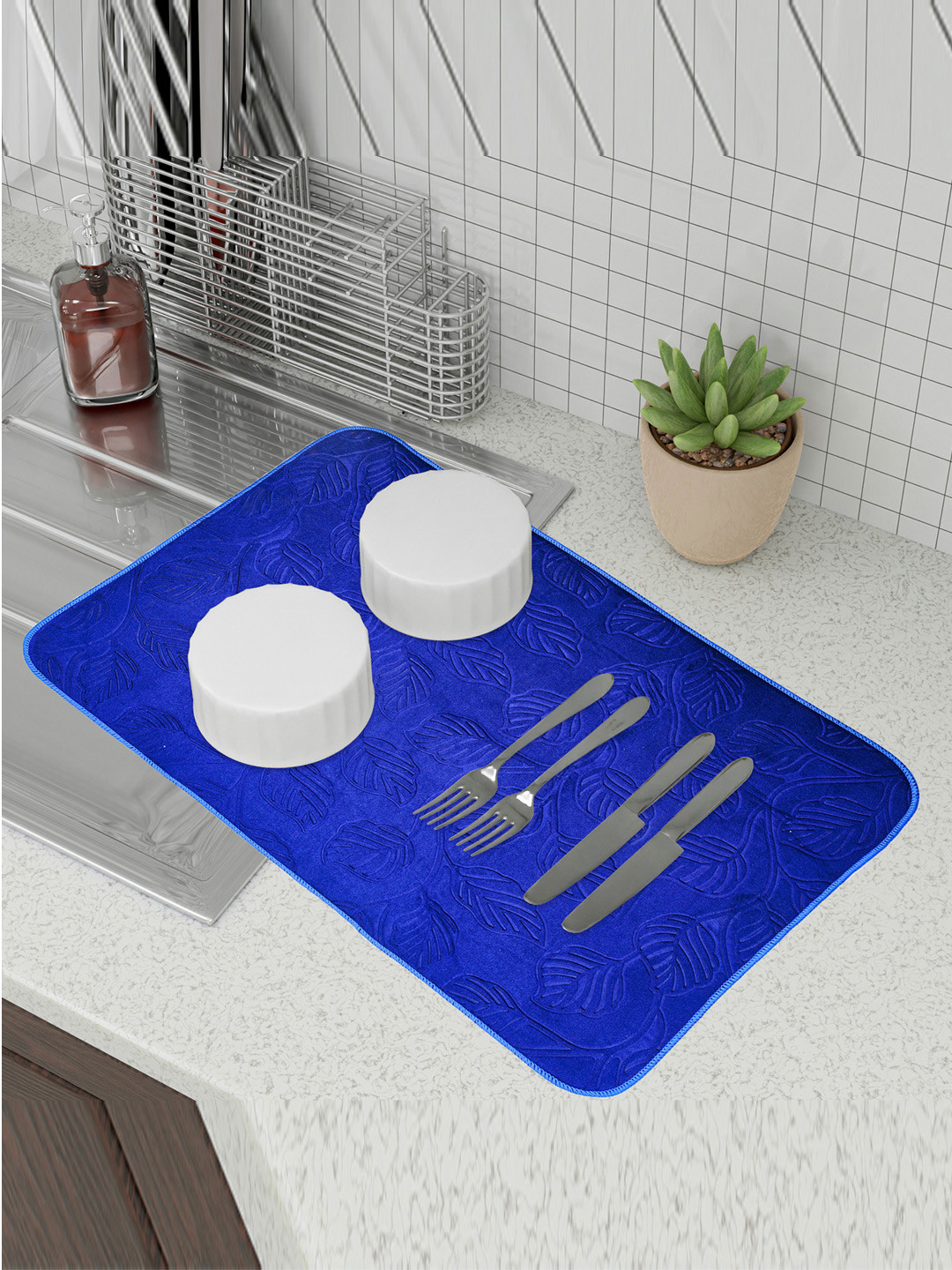 Kuber Industries Blue & Cream 2 Pieces Embossed Rectangular Microfiber Dish Dry Mats