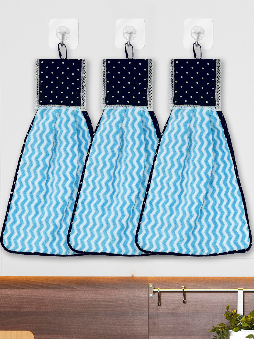 Kuber Industries Set of 3 Blue & White Chevron Print Hanging Kitchen Towel