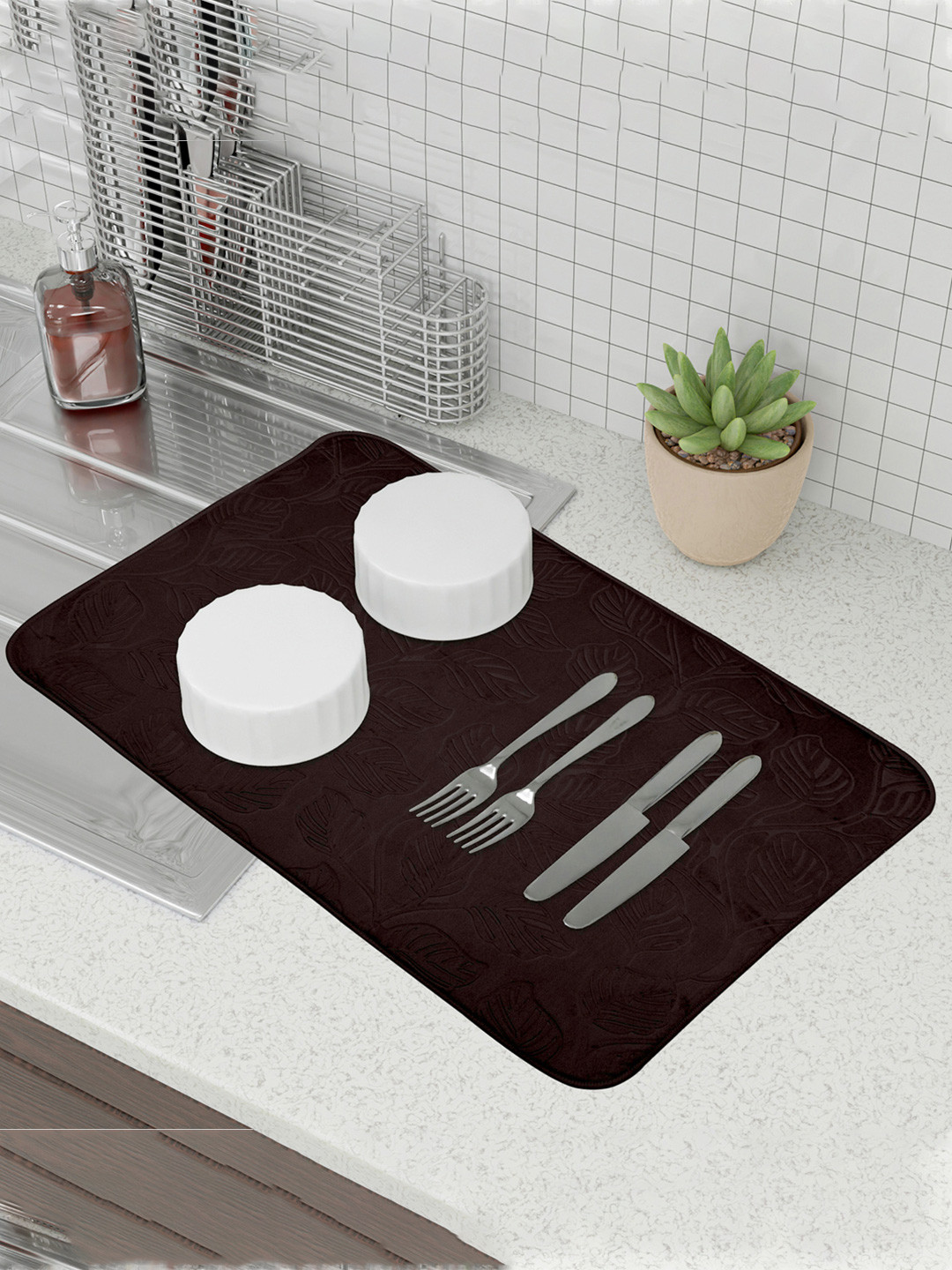 Kuber Industries Beige & Brown 3 Pieces Self Designed Rectangular Dish Dry Mats