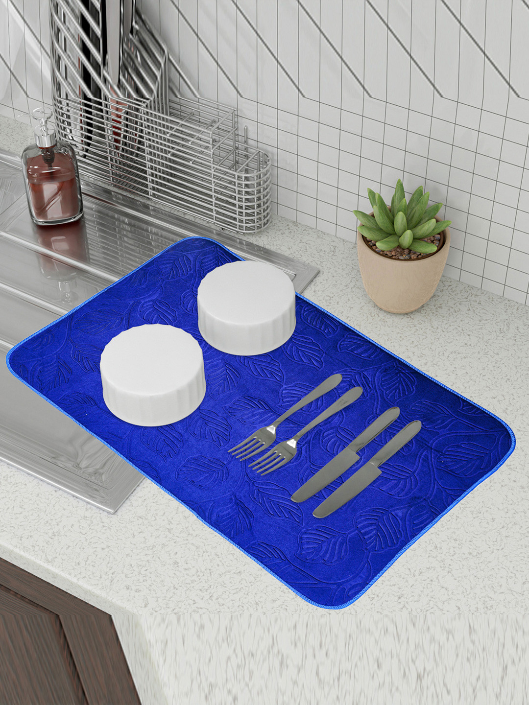 Kuber Industries Blue & Beige 3 Pieces Self-Designed Rectangular Dish Dry Mats