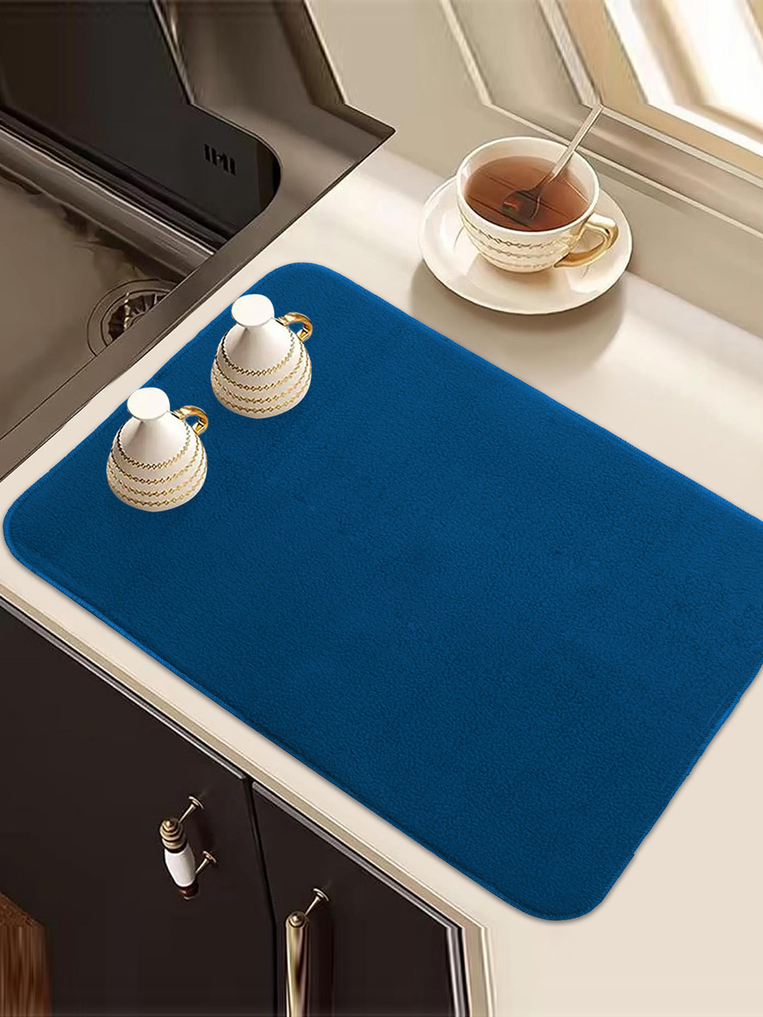 Kuber Industries 3 Pcs Blue Rectangle Dish Drying Placemats