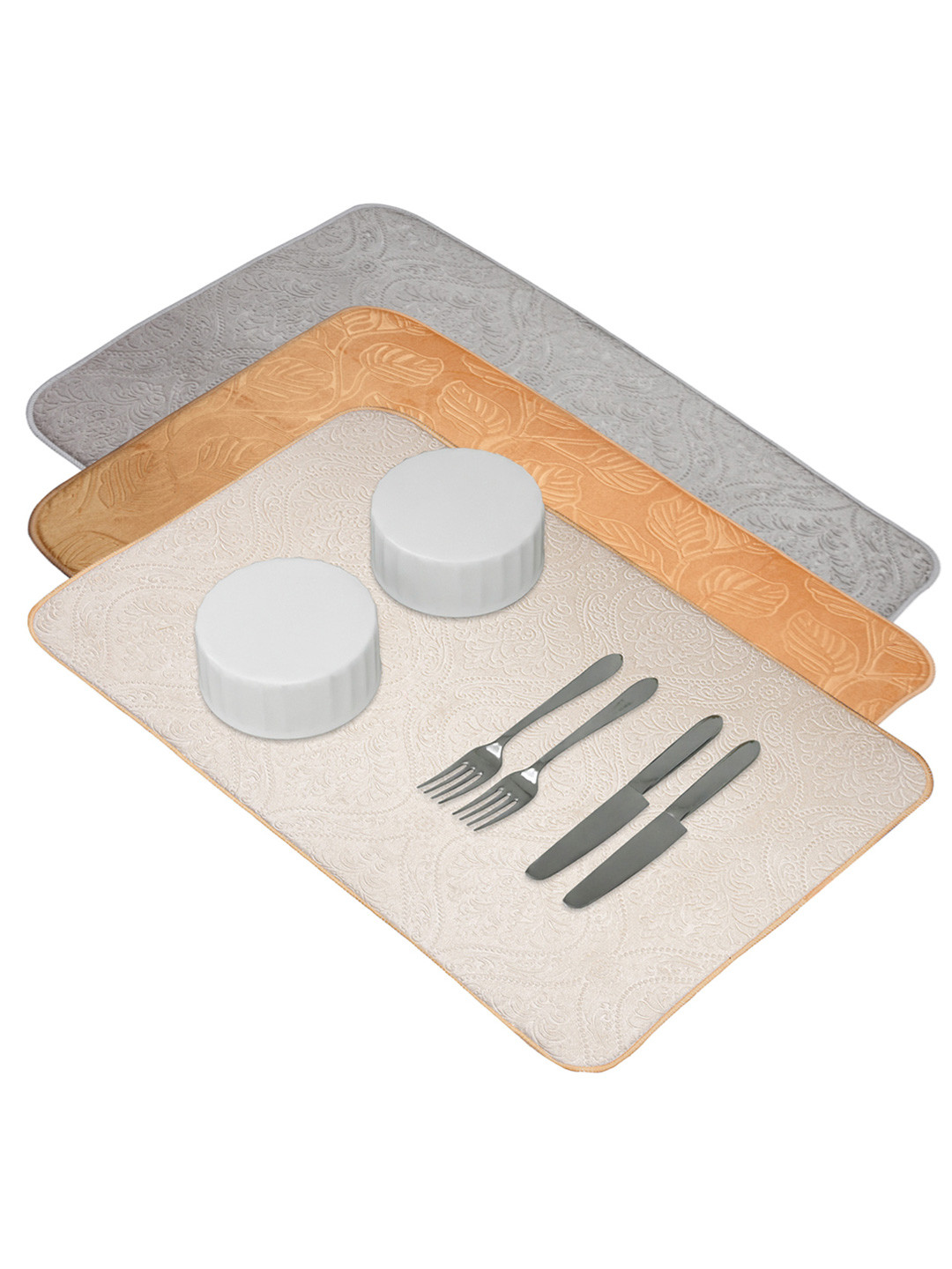Kuber Industries Grey Beige & Off White 3 Pieces Self-Designed Rectangular Dish Dry Mats