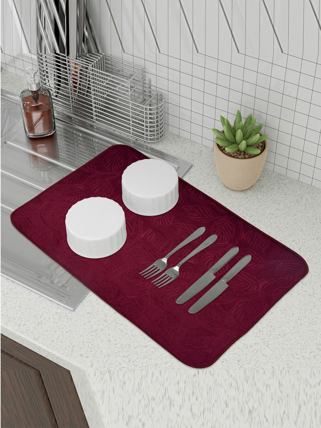 Kuber Industries 3 Pcs Beige and Maroon Rectangle Dish Drying Placemats
