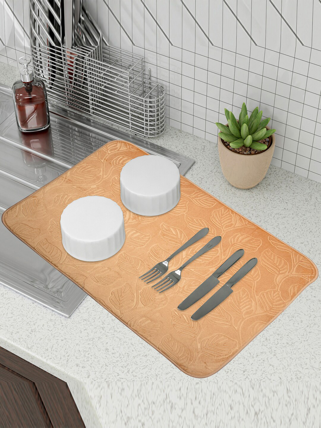 Kuber Industries Beige & Grey 3 Pieces Rectangular Kitchen Self Dish Dry Mat
