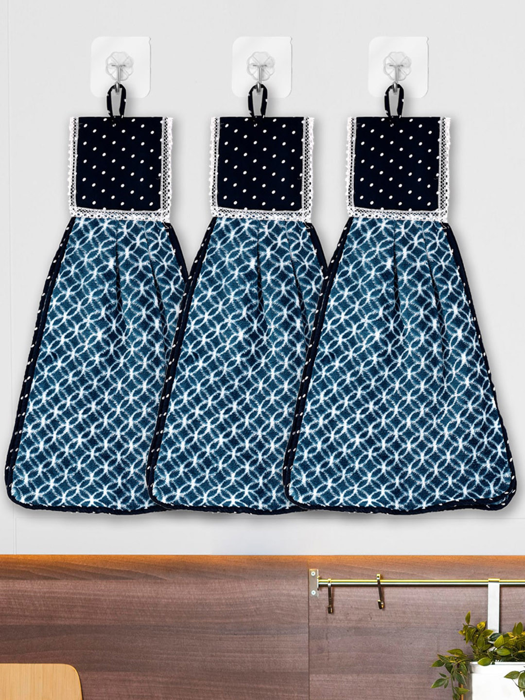 Kuber Industries Blue 3 Pieces Printed Cotton150 GSM Hanging Kitchen Hand Towels