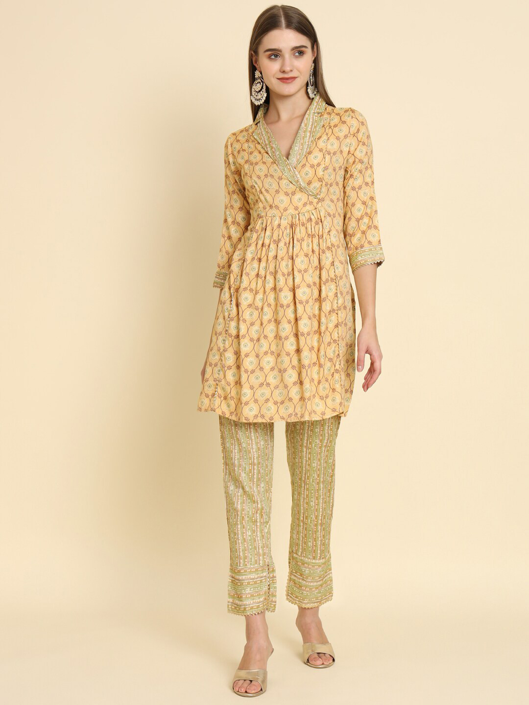 MADHURAM Ethnic Motifs Printed Lapel Collar Regular Kurti with Trousers