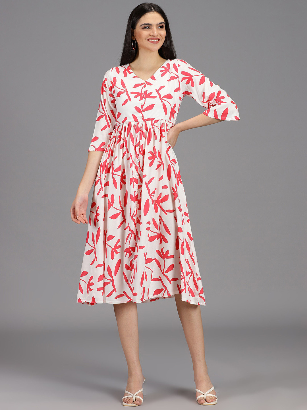 HAY Floral Printed V-Neck Fit & Flare Midi Dress
