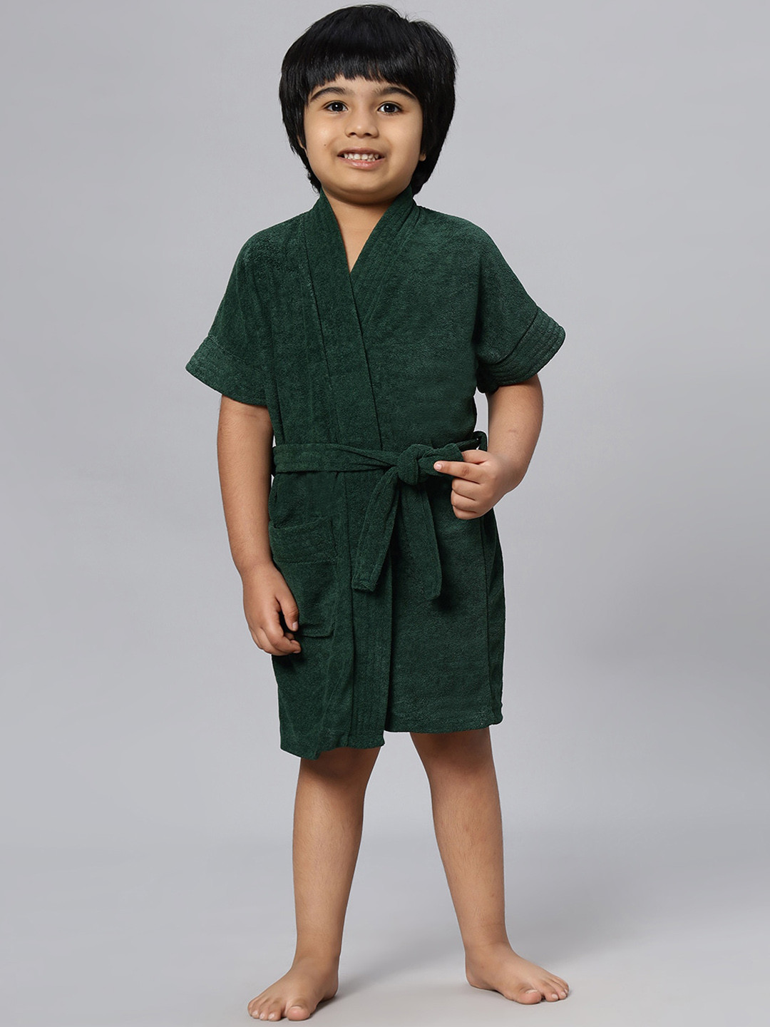HotGown Green Solid Terrycloth Drawstring Knee Length Bath Robe-M