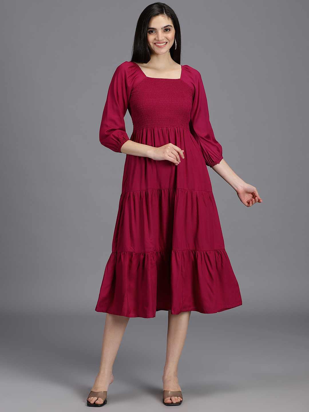HAY Magenta Square Neck Puff Sleeve Tired Smocked Liva Fit & Flare Midi Dress
