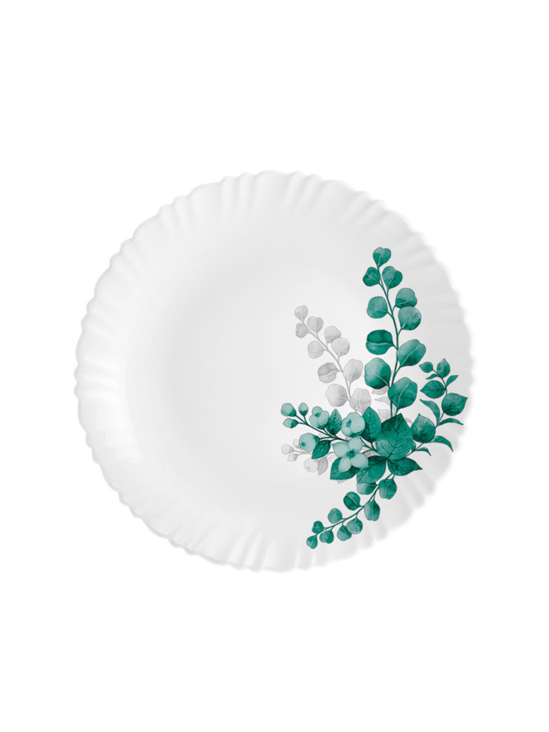 Cello White & Green 6 Pieces Aqua Leaves Printed Glass Glossy Plates