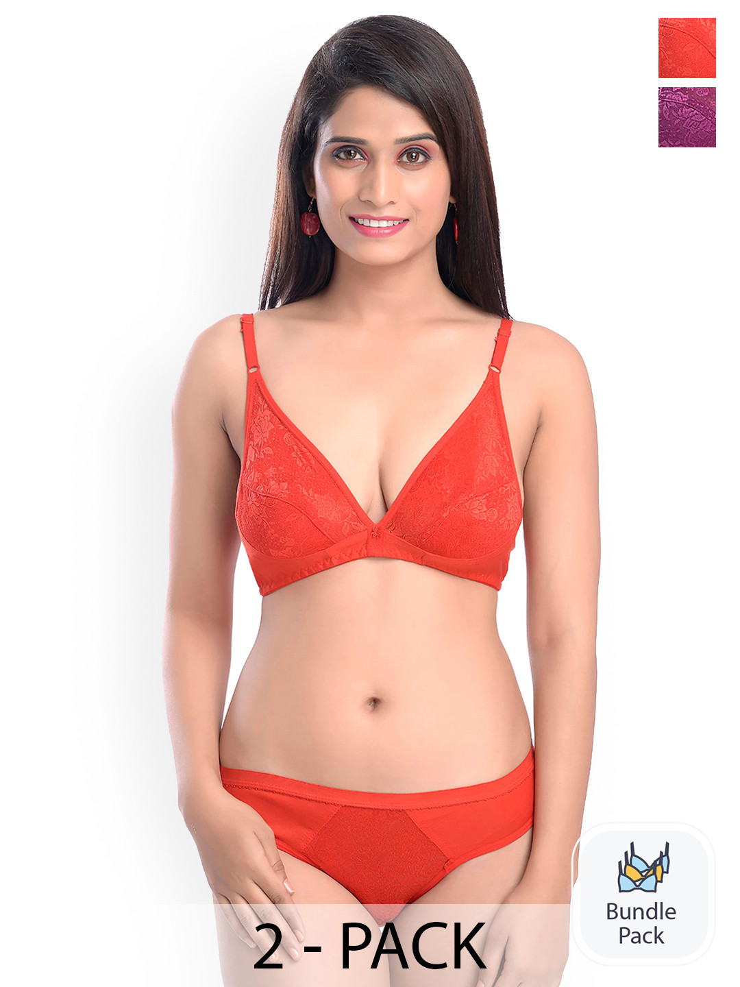 Aamarsh Pack Of 2 Self Design Laced Cotton Lingerie Set A_Safal-Set_Red,Maroon_30